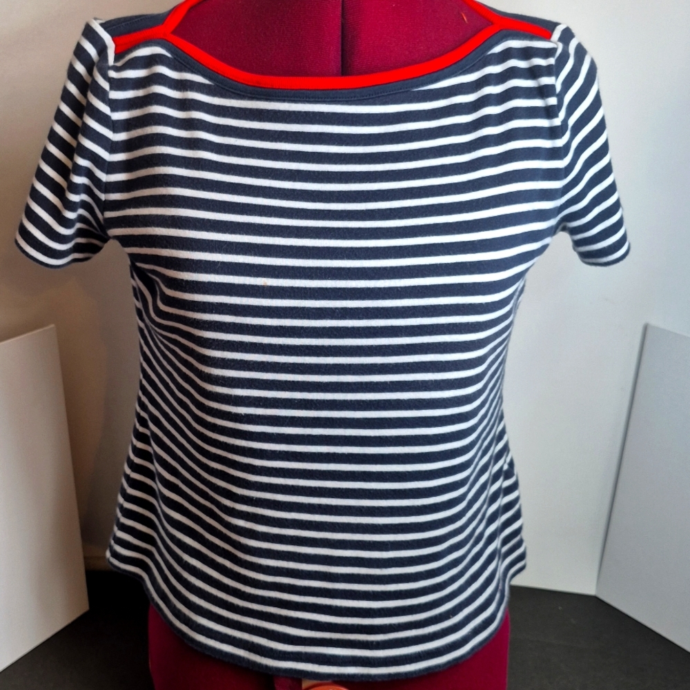 Tommy Hilfiger Navy and White Striped Tee with Red Trim